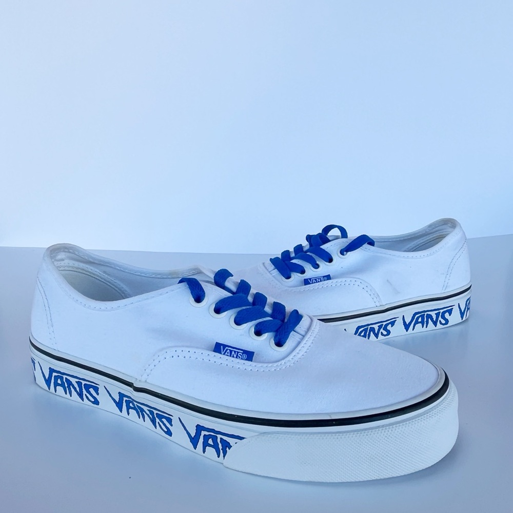 Vans White Canvas Low-Top Sneakers with Blue Accents